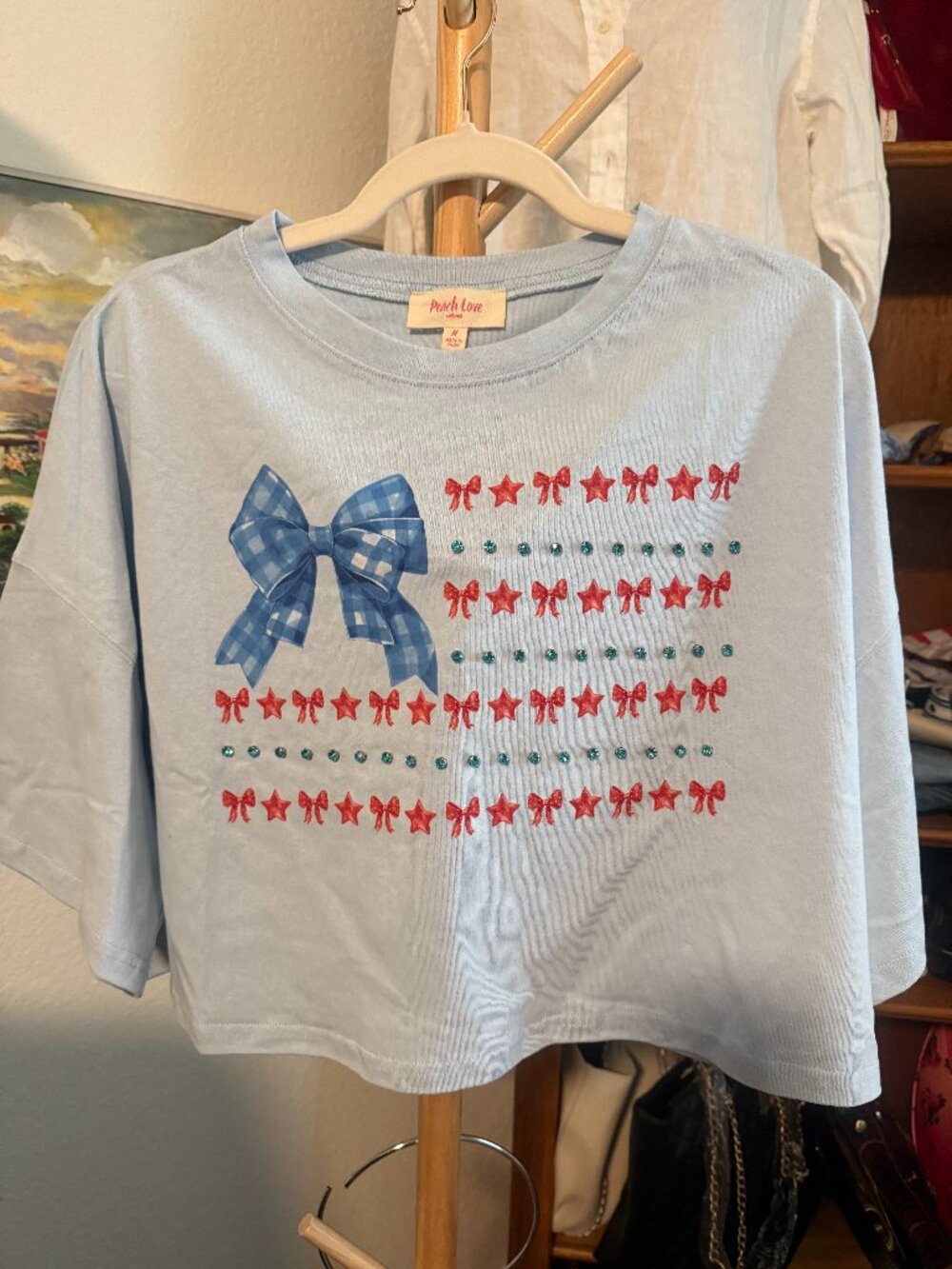 Patriotic Gingham Bow Rhinestone Graphic Tee Light Blue M Peach Love California
